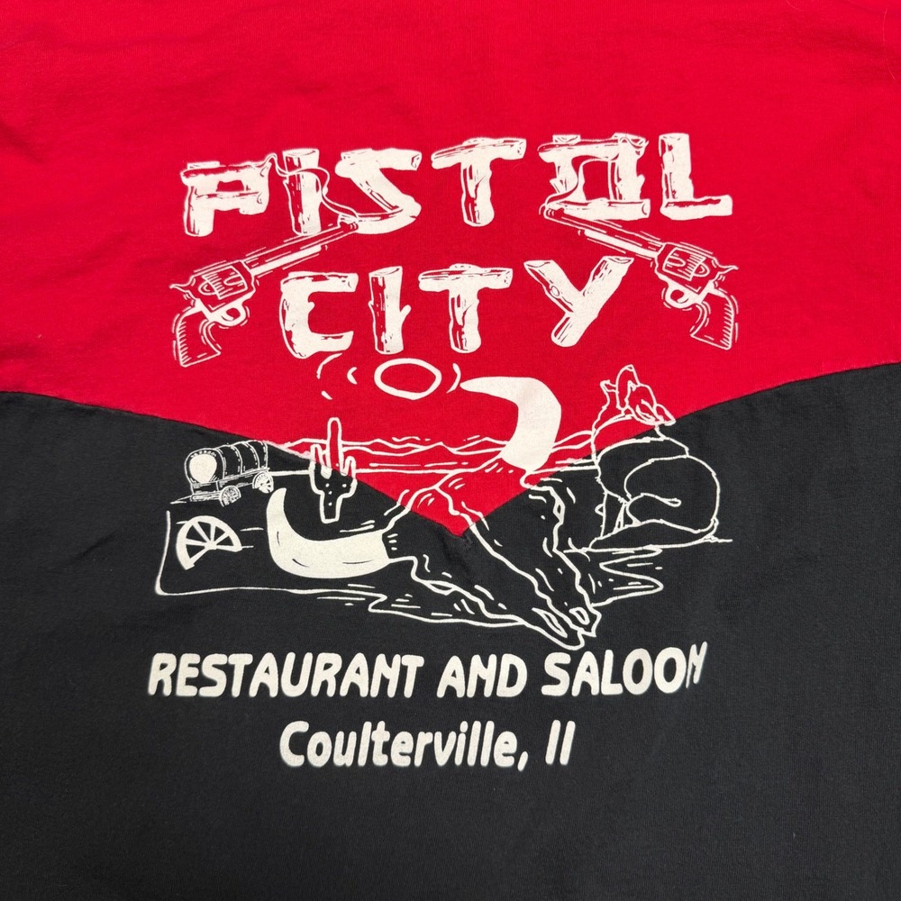 Vintage Skimmers Pistol City Saloon Western Yoke T-Shirt Mens Medium Red Black - Picture 8 of 8